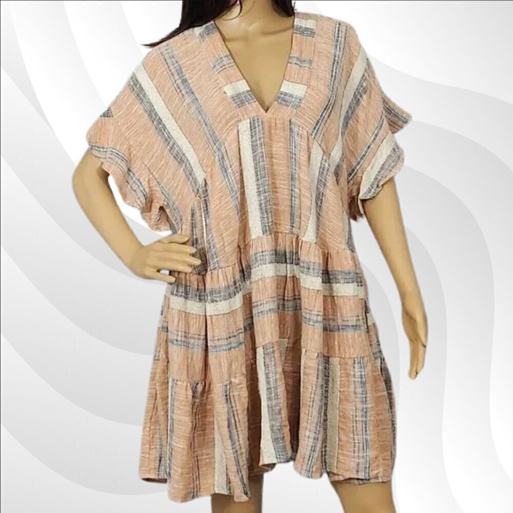 Lulu's Peach Striped V-Neck Tiered Mini Dress